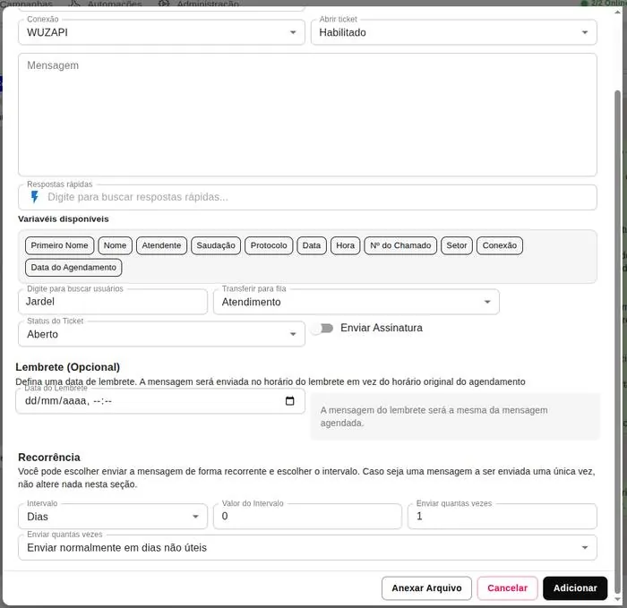 Formulário de agendamento de mensagem com data, conexão, variáveis, lembrete e recorrência