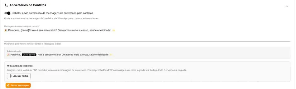 Configuração da mensagem de aniversário para contatos