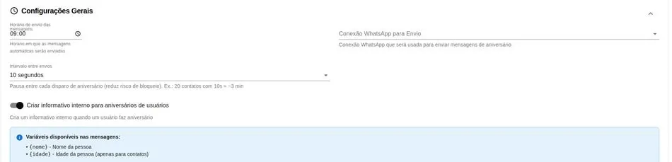 Configurações gerais de horário, conexão e intervalo