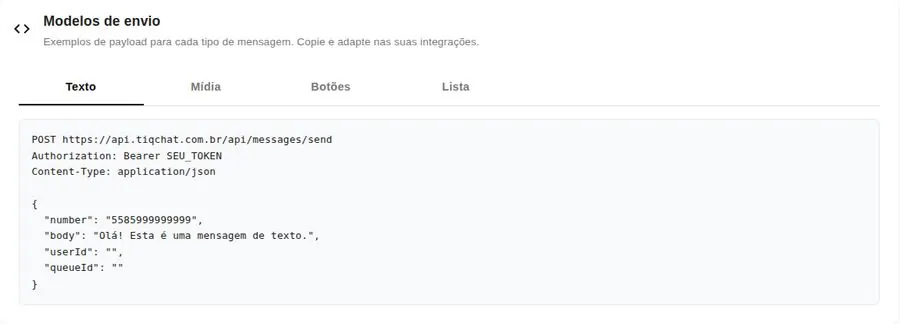 Exemplo de requisição para envio de mensagem de texto
