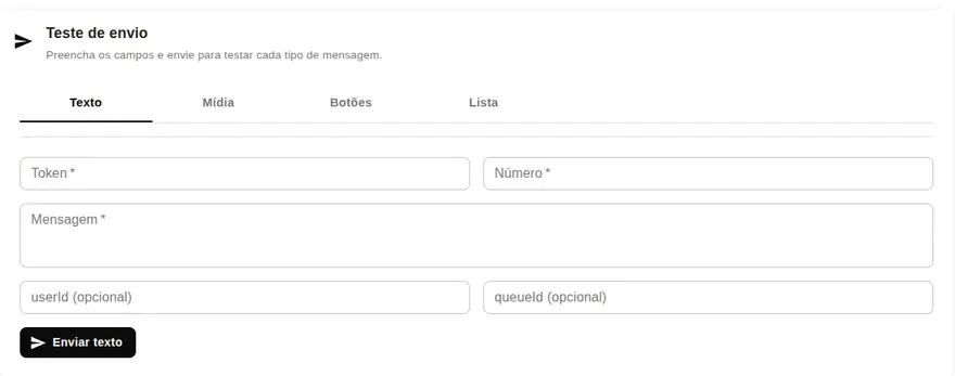 Formulário de teste de envio pela API