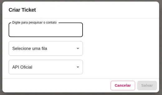 Janela de criação de ticket com contato, fila e conexão