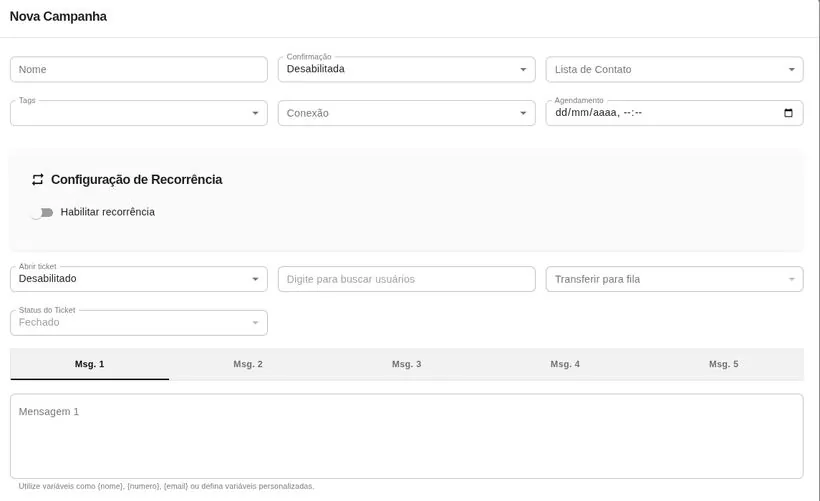 Formulário de nova campanha com lista, conexão, agendamento e abas de mensagens