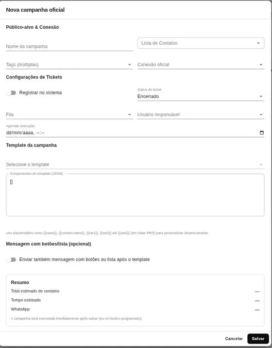 Formulário de nova campanha oficial com público, tickets, template e resumo