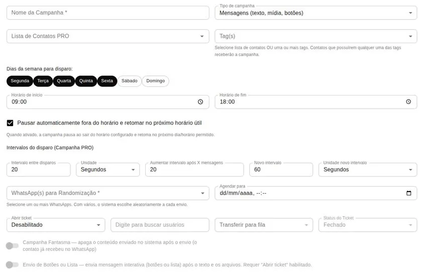 Formulário de campanha PRO com dias da semana, horários, intervalos e randomização de números