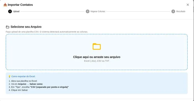 Assistente de importação em três passos