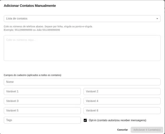 Janela de adição manual com campos de variáveis e a caixa de opt-in