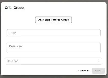 Janela de criação de grupo com foto, título, descrição e usuários