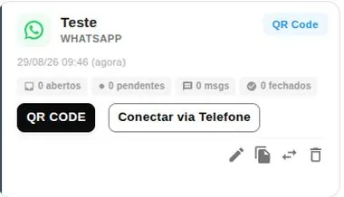 Cartão de conexão aguardando conexão, com os botões QR Code e Conectar via Telefone