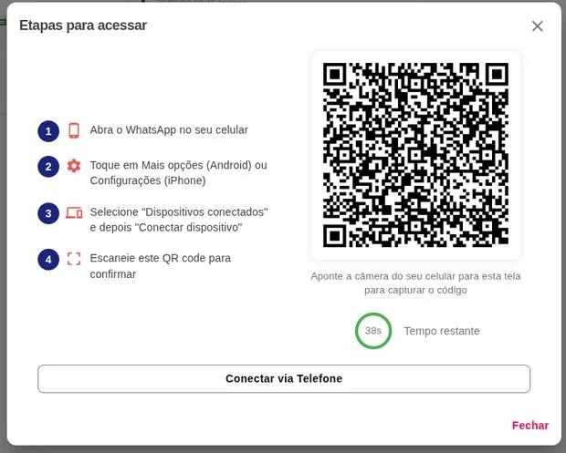 Janela com as quatro etapas e o QR Code, com contagem regressiva