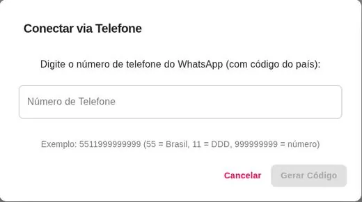 Janela para digitar o número e gerar um código de pareamento