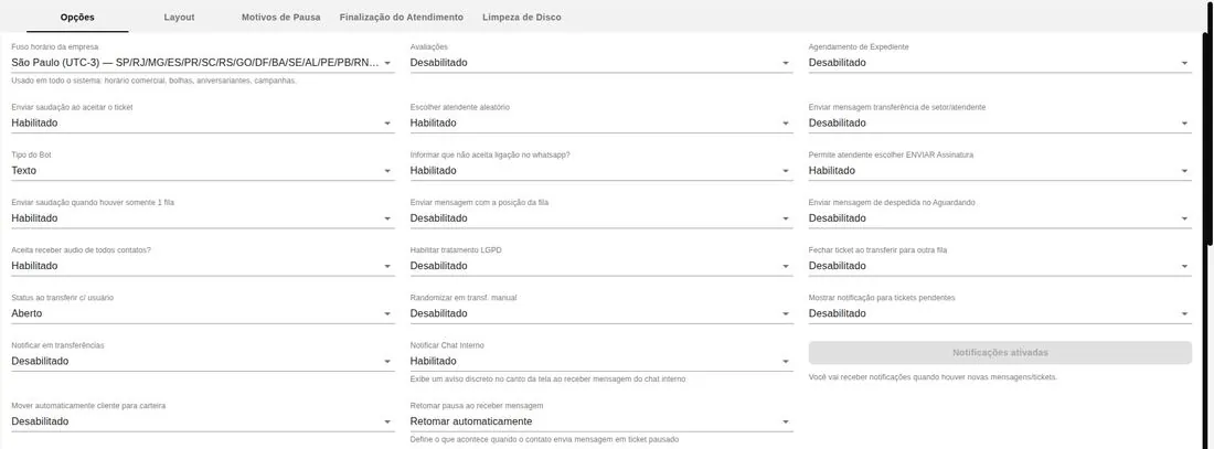 Tela de configurações do Tiqchat, aba Opções