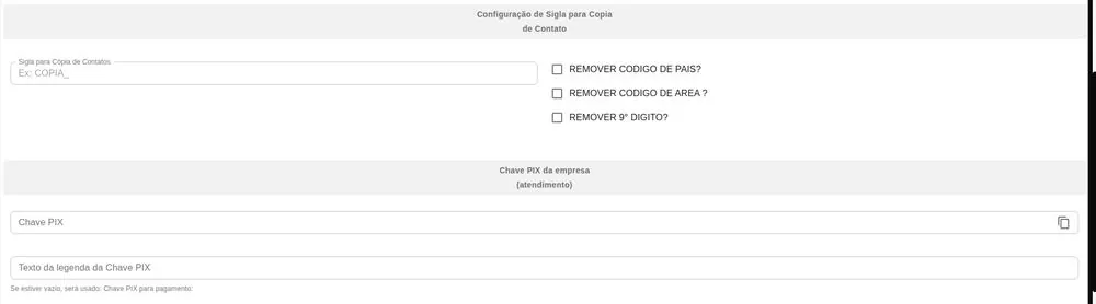 Configuração de sigla para cópia de contato e chave PIX da empresa