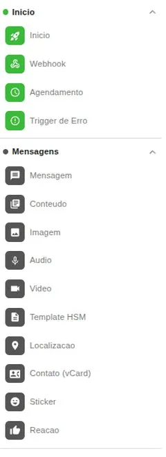 Paleta de nodes de início e mensagens