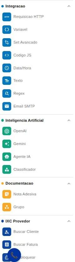 Paleta de nodes de integração, IA e IXC