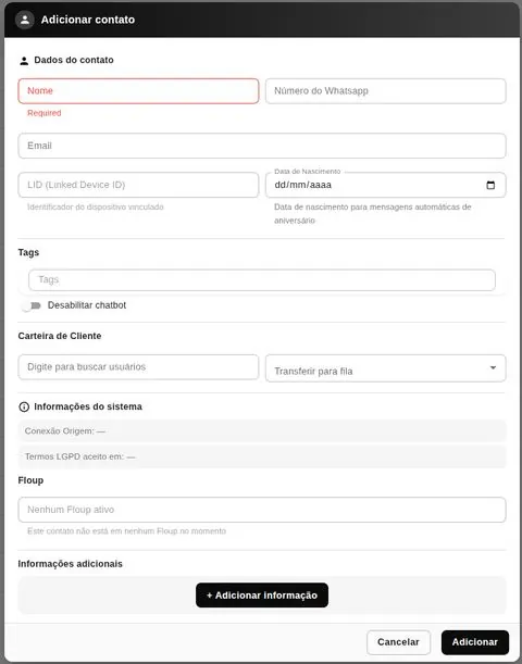 Formulário de contato com dados, tags, carteira e informações do sistema