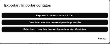 Janela com as opções de exportar para Excel, baixar modelo e importar