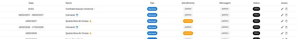Lista de feriados cadastrados
