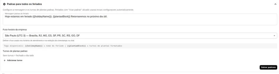 Configuração da mensagem padrão de feriado
