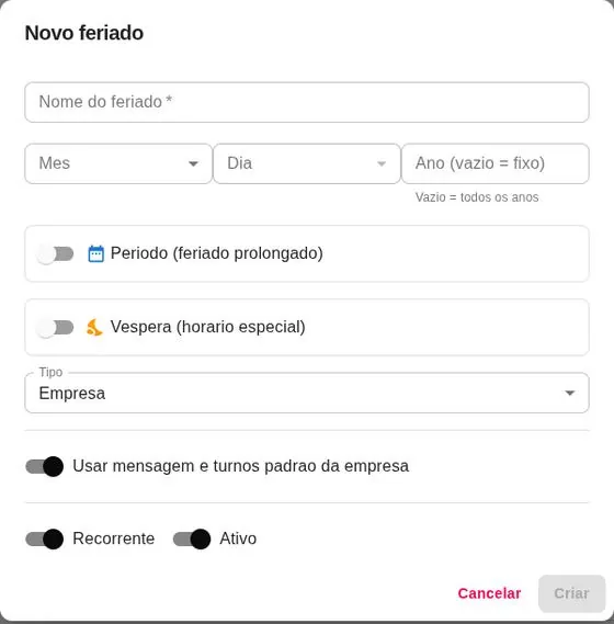 Formulário de novo feriado
