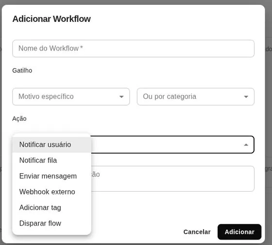 Janela de criação de workflow pós-fechamento com as ações disponíveis