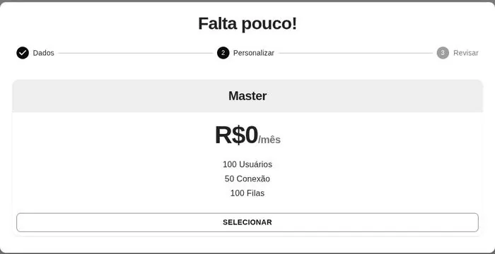 Etapa de escolha de plano, com limites de usuários, conexões e filas