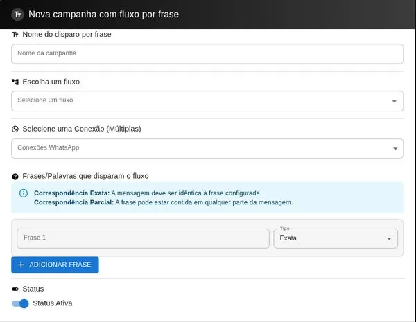 Formulário de nova campanha com fluxo por frase