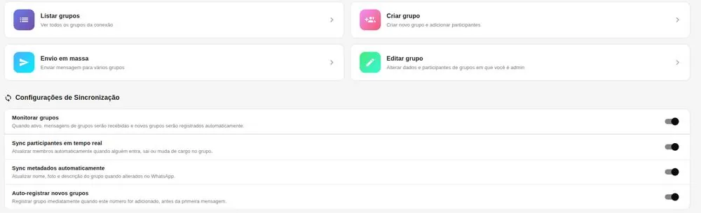 Painel de gestão de grupos com as quatro ações e as opções de sincronização