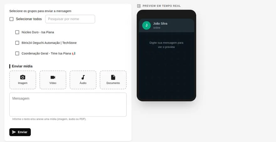 Tela de envio em massa para grupos, com prévia da mensagem