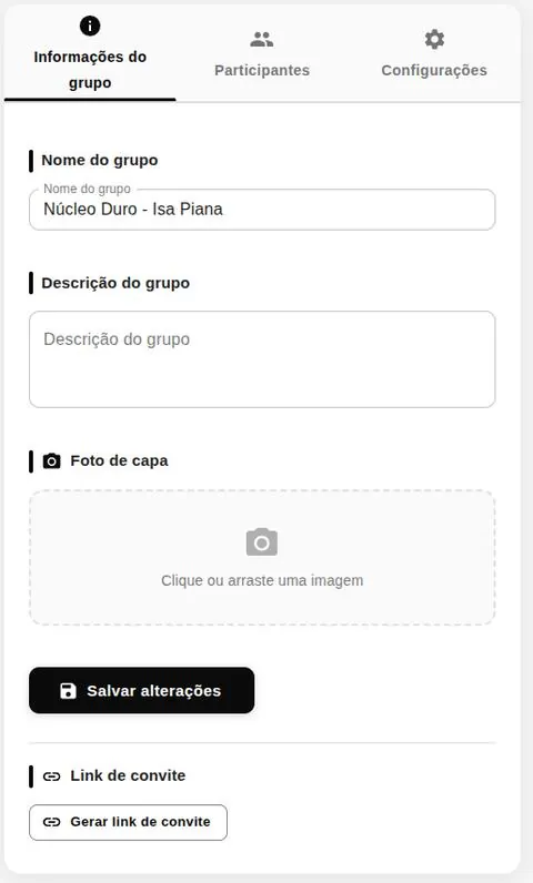 Edição de grupo com as abas de informações, participantes e configurações