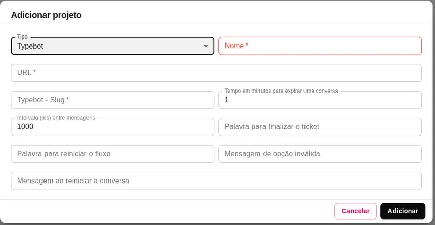 Formulário de criação de projeto de integração
