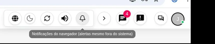 Fileira de ícones expandida com os controles de idioma, tema, atualizar, volume e notificações