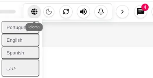 Menu de idiomas com Português, English, Spanish e árabe