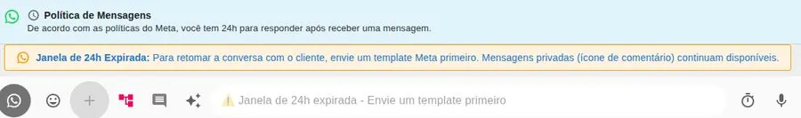 Aviso de política de mensagens e de janela de 24 horas expirada na conversa