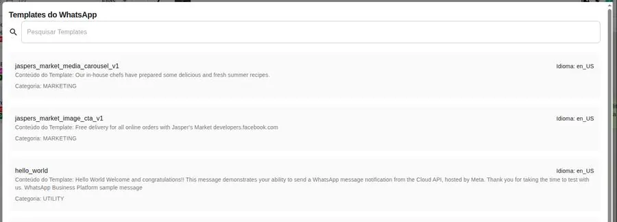 Lista de templates do WhatsApp aprovados, com conteúdo, categoria e idioma