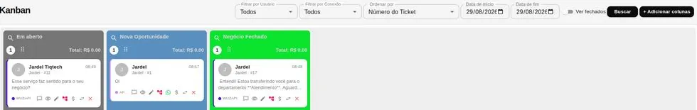 Quadro Kanban com colunas Em aberto, Nova Oportunidade e Negócio Fechado
