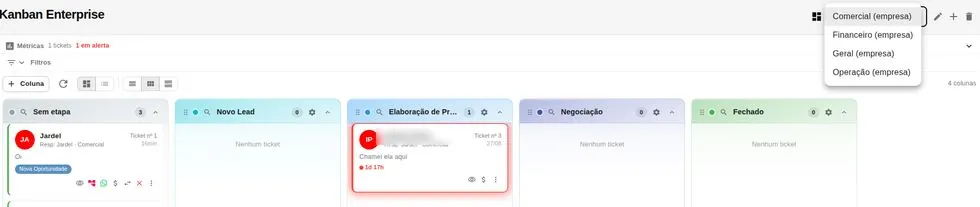 Quadro do Kanban Enterprise com seletor de quadros, métricas e colunas por etapa