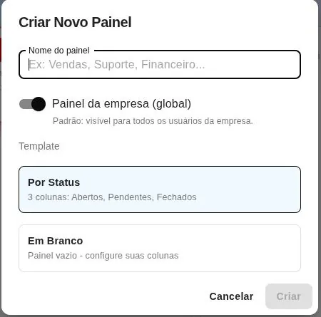 Janela de criação de painel com nome, visibilidade e templates