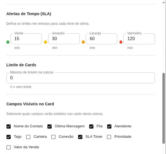 Configuração dos quatro níveis de alerta de tempo e campos visíveis no card