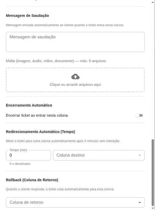Ações automáticas: saudação, encerramento, redirecionamento e rollback