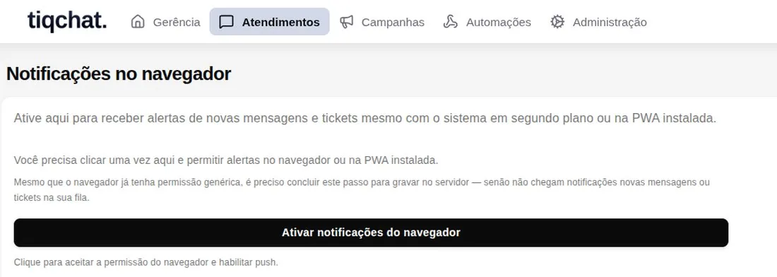 Tela de notificações no navegador com o botão Ativar notificações do navegador