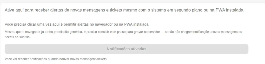 A mesma tela após a ativação, com o botão cinza escrito Notificações ativadas