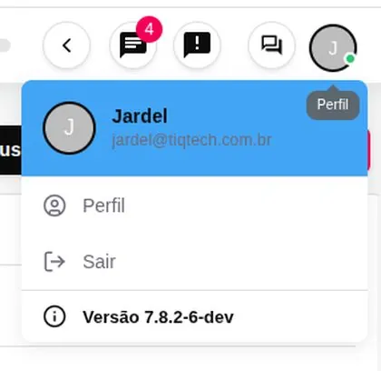 Menu do avatar com as opções Perfil, Sair e a versão da plataforma