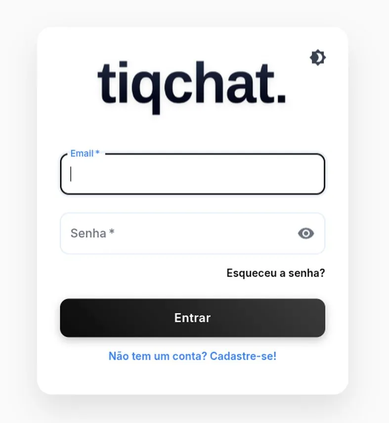 Tela de login do Tiqchat: logo, campos de e-mail e senha, link de recuperação e botão Entrar