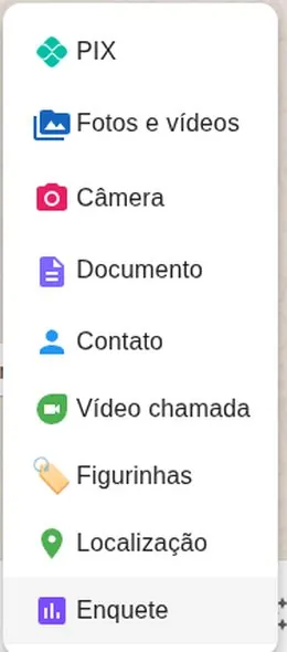 Menu de anexo com PIX, fotos e vídeos, câmera, documento, contato, vídeo chamada, figurinhas, localização e enquete