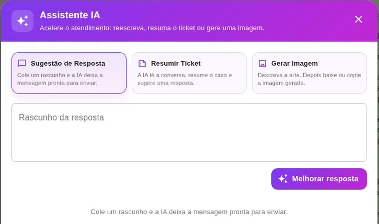 Assistente de IA com as opções de sugestão de resposta, resumir ticket e gerar imagem