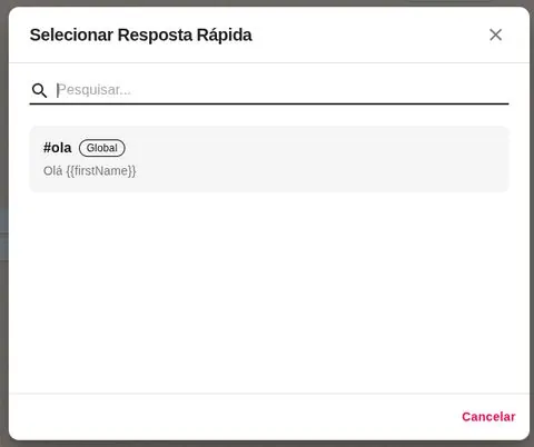 Janela de seleção de resposta rápida, com busca e a prévia do texto