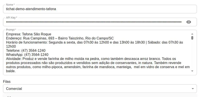 Formulário de edição de prompt do Talk.AI