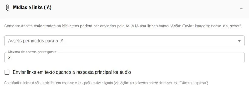 Configuração de mídias e links que a IA pode enviar