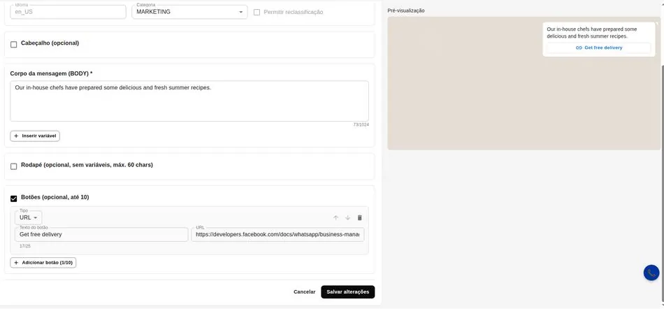 Editor de template com identificação, corpo, rodapé, botões e pré-visualização